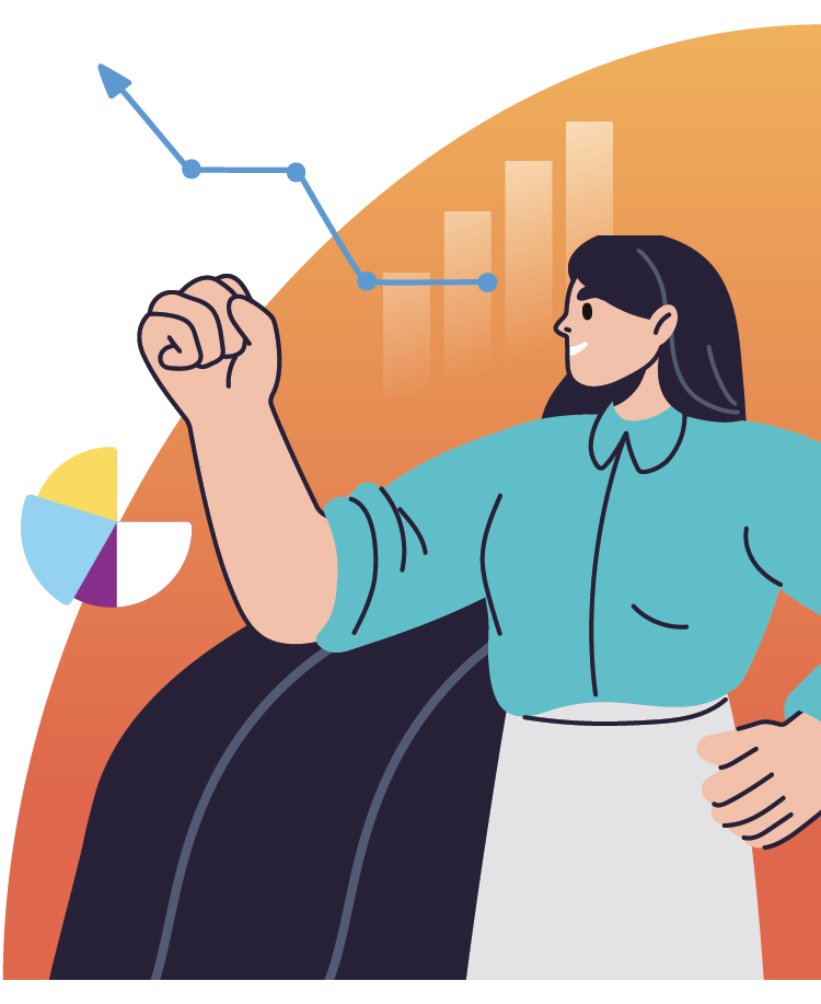 Illustration of woman raising arm with rising graph and pie chart in background.